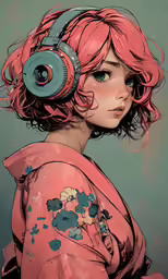a woman in pink with headphones and red hair