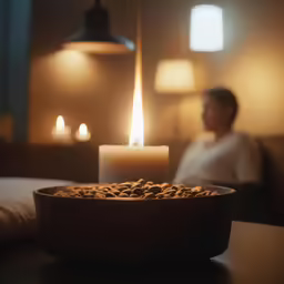a bowl filled with food next to a light