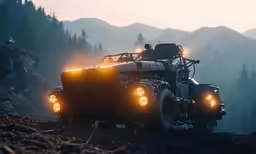an suv in the dirt with yellow lights on
