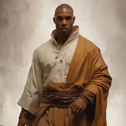 a man in a buddhist outfit stands with his hand on his hip