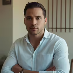 a man in a white shirt leaning against a railing