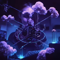 a woman behind a screen with a video camera and various cloud structures surrounding her