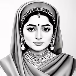 a black and white drawing of a woman with headdress