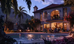 the outside of a luxury house at night