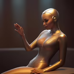 a female robot sitting on top of a table