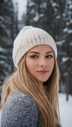 a woman in the snow with trees behind her
