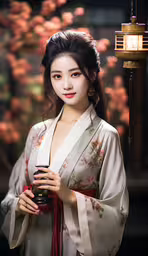 an oriental woman in traditional garb holds a camera,a geisha standing under a tree holding a lantern