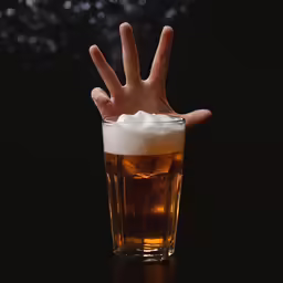 someone making the peace sign with their hand by some alcohol