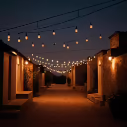 several lit up hanging lanterns along a pathway