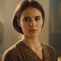 the woman is wearing a brown dress