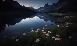 night scene of mountain range, lakes and flowers
