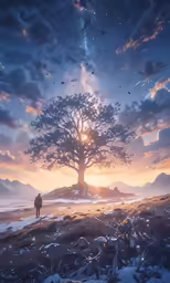 the man is standing in front of a tree on a hill