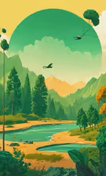 an illustration of a river in the mountains near a forest,a large round picture of an airplane flying over a valley