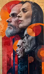 a collage of people and shapes on a wooden surface