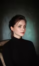 a woman with blue eyes sitting in a chair