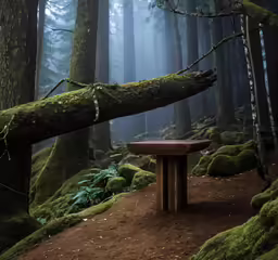a moss covered forest with a bench surrounded by trees