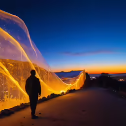 a man looking at lights on an outdoor wall
