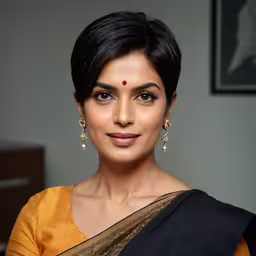 woman with dark smoky eye makeup and a smile in a yellow and black sari
