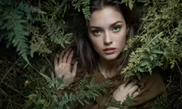 a young woman peeking out from behind some plants