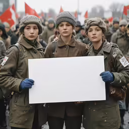 two people wearing winter hats are holding a sign