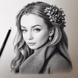 a pencil drawing of a girl with flowers on her head