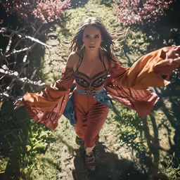 a girl is walking in the middle of a field