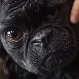 a dog is being held by a person with its hand