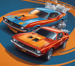 two muscle cars are on an orange and blue track,two orange and blue muscle cars and one blue is orange
