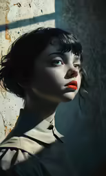 a woman with red lips standing by a window