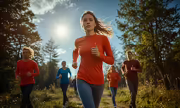 some people are jogging on a trail in the woods