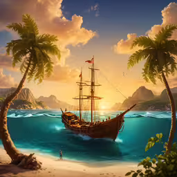 a pirate ship sailing in the ocean next to palm trees,a small boat floating in the ocean with palm trees