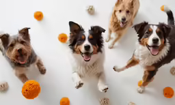 three dogs are standing in the middle of their food