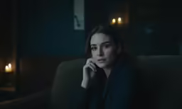 a woman wearing a dark robe on a sofa