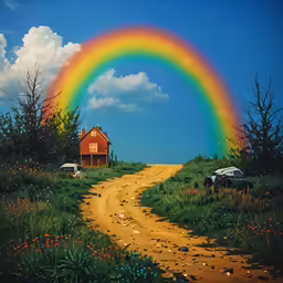 a rainbow shines in the sky above an old house