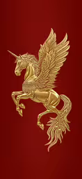 an illustration of a golden unicorn on red background,gold unicorn illustration with the wings flying