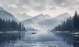 a large lake surrounded by mountains on a foggy day