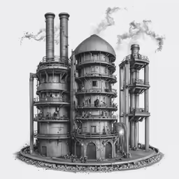 this is a futuristic industrial illustration with smoke coming from chimneys