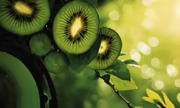 two green slices of kiwi sit on the branch
