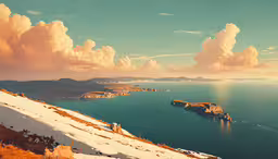 a snow covered hill with water and clouds in the background,the water is filled with snow and clouds