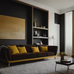 a room with a couch, coffee table and two brown chairs