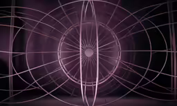 a purple room with a strange object inside of it