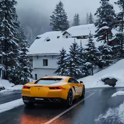 a yellow sports car drives down the road on a snowy day