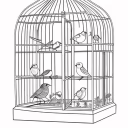 birds inside of a bird cage with the inside of a window open,a drawing of birds in a cage
