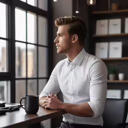 a businessman in his office is having a drink
