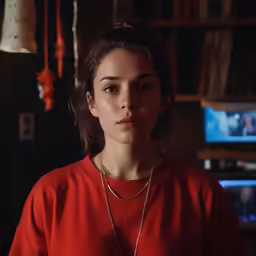the girl in red is standing by the television