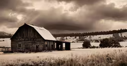 an old wooden barn is in a field in the winter,a rustic wooden barn sits alone on the prairie
