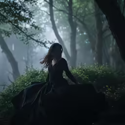 the woman is sitting in a forest with trees