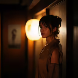 woman in a dark room standing next to an illuminated lamp