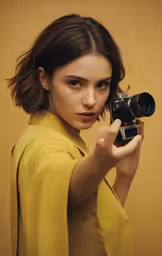 a woman with a camera posing for a photo