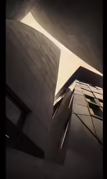 an upward view of the top of two buildings